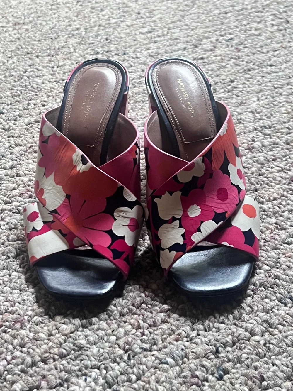 Michael Kors Pink Floral Crossband Slide block heel Sandals